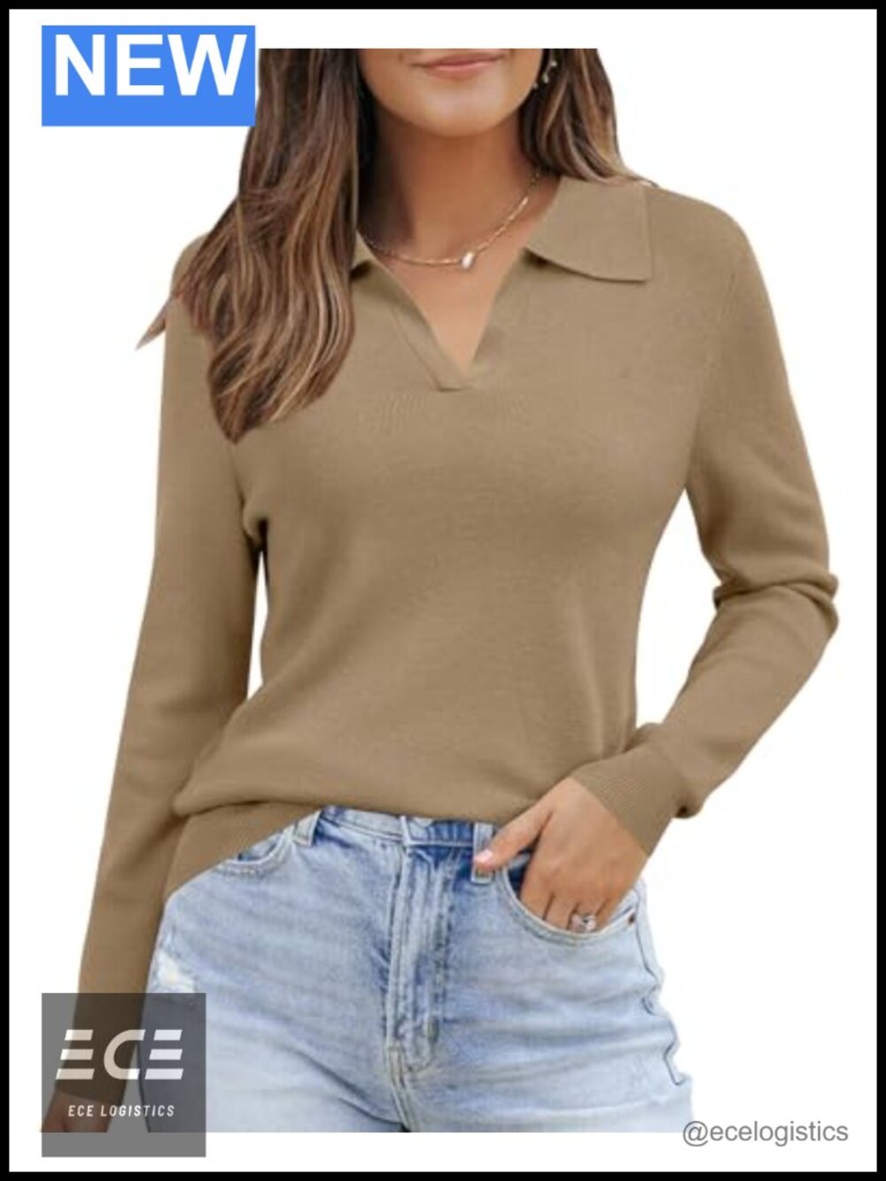 Wool Blend Polo Shirt Collared V Neck Long Sleeve Business Casual Sweater